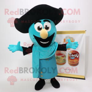 Turquoise Paella mascot costume character dressed with a Tuxedo and Shawls