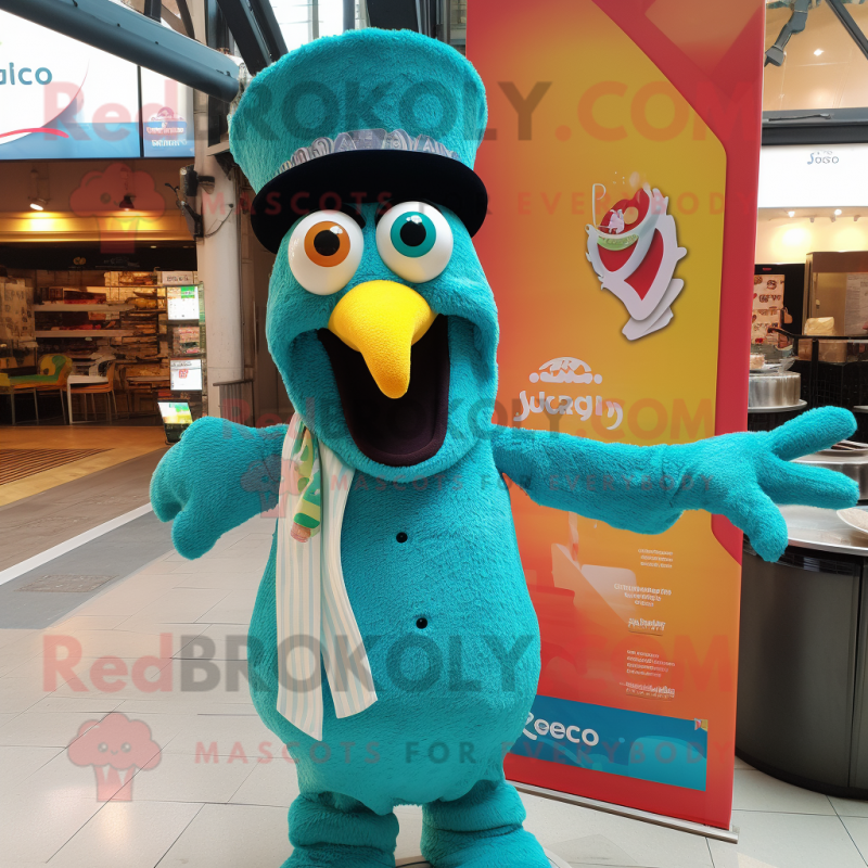 Turquoise Paella mascot costume character dressed with a Tuxedo and Shawls Turquoise Paella mascot costume character dressed with a Tuxedo and Shawls