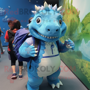 Blue Ankylosaurus mascot costume character dressed with a Blouse and Backpacks