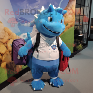 Blue Ankylosaurus mascot costume character dressed with a Blouse and Backpacks