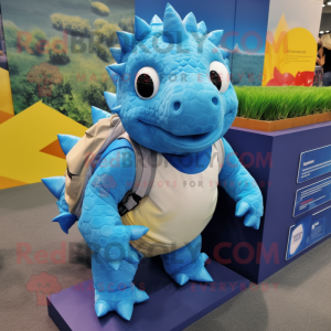 Blue Ankylosaurus mascot costume character dressed with a Blouse and Backpacks