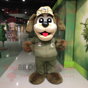 Olive Dog mascot costume character dressed with a Cargo Pants and Hair clips