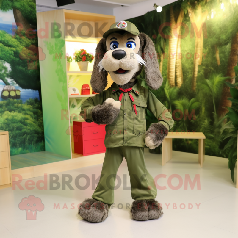 Olive Dog mascot costume character dressed with a Cargo Pants and Hair clips