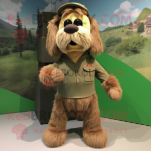 Olive Dog mascot costume character dressed with a Cargo Pants and Hair clips