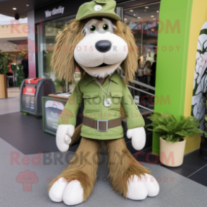 Olive Dog mascot costume character dressed with a Cargo Pants and Hair clips