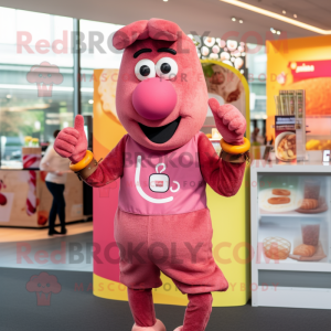 Pink Currywurst mascot costume character dressed with a Playsuit and Bracelet watches