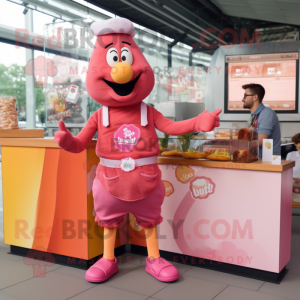 Pink Currywurst mascot costume character dressed with a Playsuit and Bracelet watches