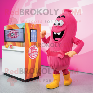 Pink Currywurst mascot costume character dressed with a Playsuit and Bracelet watches