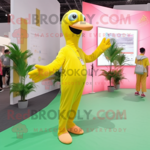 Lemon Yellow Flamingo mascot costume character dressed with a Jumpsuit and Earrings
