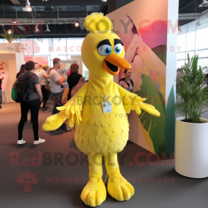 Lemon Yellow Flamingo mascot costume character dressed with a Jumpsuit and Earrings