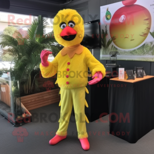 Lemon Yellow Flamingo mascot costume character dressed with a Jumpsuit and Earrings