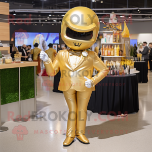 Gold American Football Helmet mascot costume character dressed with a Cocktail Dress and Tie pins