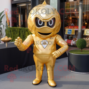 Gold American Football Helmet mascot costume character dressed with a Cocktail Dress and Tie pins