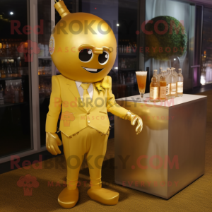 Gold American Football Helmet mascot costume character dressed with a Cocktail Dress and Tie pins