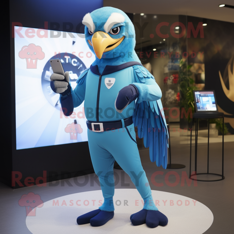 Sky Blue Hawk mascot costume character dressed with a Trousers and Smartwatches