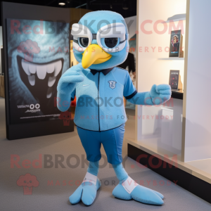 Sky Blue Hawk mascot costume character dressed with a Trousers and Smartwatches