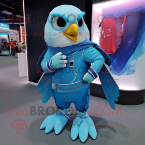 Sky Blue Hawk mascot costume character dressed with a Trousers and Smartwatches