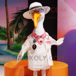 White Flamingo mascot costume character dressed with a Vest and Hat pins