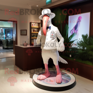 White Flamingo mascot costume character dressed with a Vest and Hat pins