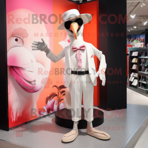 White Flamingo mascot costume character dressed with a Vest and Hat pins