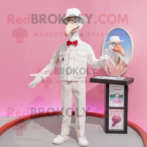 White Flamingo mascot costume character dressed with a Vest and Hat pins