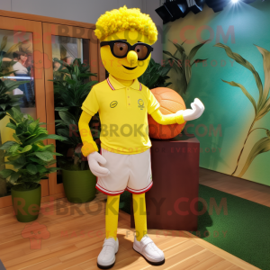 Yellow Raspberry mascot costume character dressed with a Polo Tee and Eyeglasses