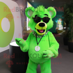 Lime Green Spectacled Bear mascot costume character dressed with a Blouse and Rings