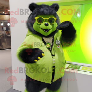 Lime Green Spectacled Bear mascot costume character dressed with a Blouse and Rings