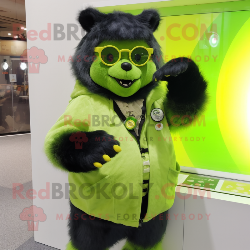 Lime Green Spectacled Bear mascot costume character dressed with a Blouse and Rings Lime Green Spectacled Bear mascot costume character dressed with a Blouse and Rings