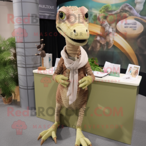 Beige Coelophysis mascot costume character dressed with a Sweater and Hair clips