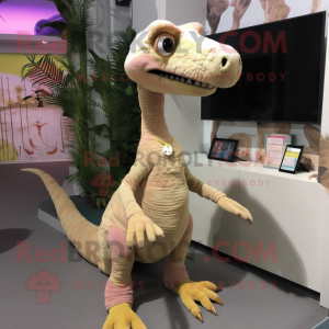 Beige Coelophysis mascot costume character dressed with a Sweater and Hair clips