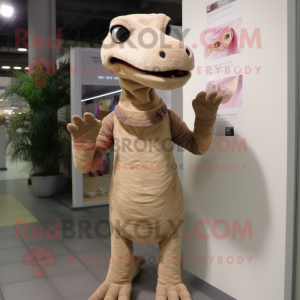 Beige Coelophysis mascot costume character dressed with a Sweater and Hair clips