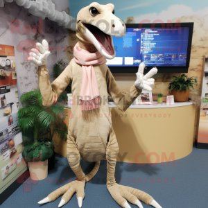 Beige Coelophysis mascot costume character dressed with a Sweater and Hair clips