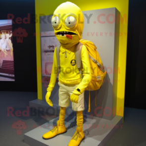 Lemon Yellow Undead mascot costume character dressed with a Trousers and Backpacks