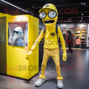 Lemon Yellow Undead mascot costume character dressed with a Trousers and Backpacks