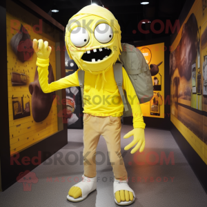 Lemon Yellow Undead mascot costume character dressed with a Trousers and Backpacks