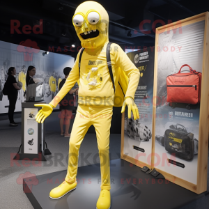 Lemon Yellow Undead mascot costume character dressed with a Trousers and Backpacks