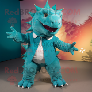 Turquoise Ankylosaurus mascot costume character dressed with a Bootcut Jeans and Anklets