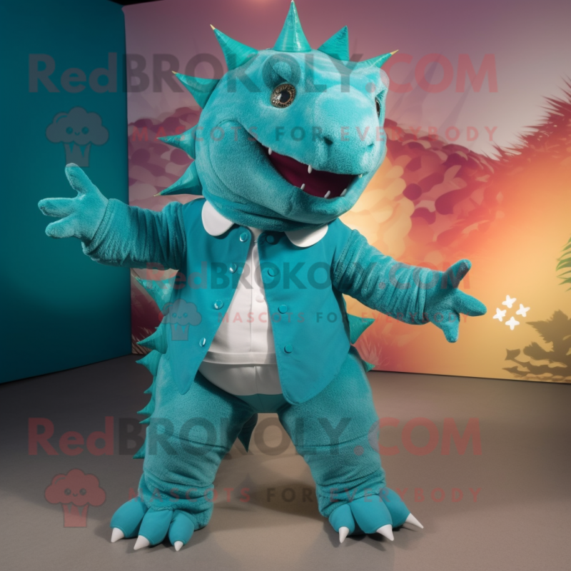 Turquoise Ankylosaurus mascot costume character dressed with a Bootcut Jeans and Anklets Turquoise Ankylosaurus mascot costume character dressed with a Bootcut Jeans and Anklets