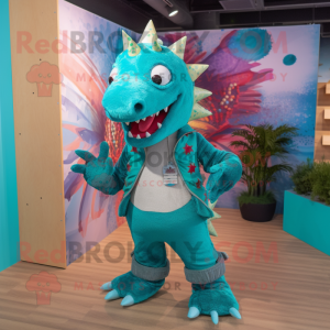 Turquoise Ankylosaurus mascot costume character dressed with a Bootcut Jeans and Anklets