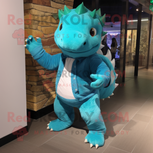 Turquoise Ankylosaurus mascot costume character dressed with a Bootcut Jeans and Anklets