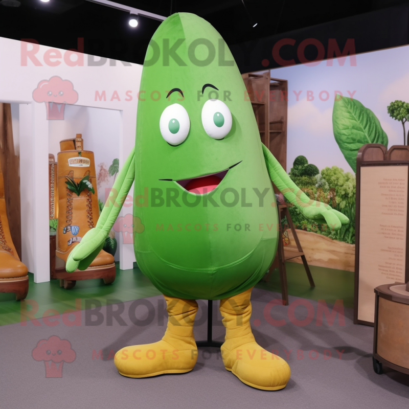 Green Mango mascot costume character dressed with a Bootcut Jeans and Shoe laces