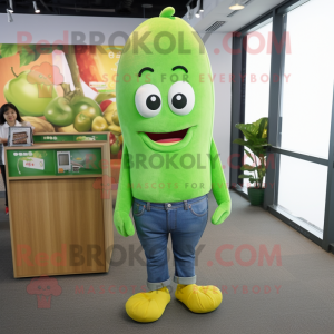 Green Mango mascot costume character dressed with a Bootcut Jeans and Shoe laces