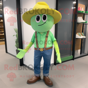 Green Mango mascot costume character dressed with a Bootcut Jeans and Shoe laces