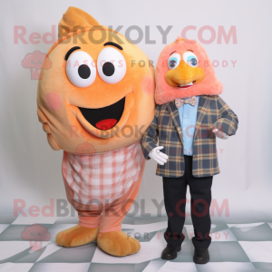 Peach Fish And Chips mascot costume character dressed with a Flannel Shirt and Ties