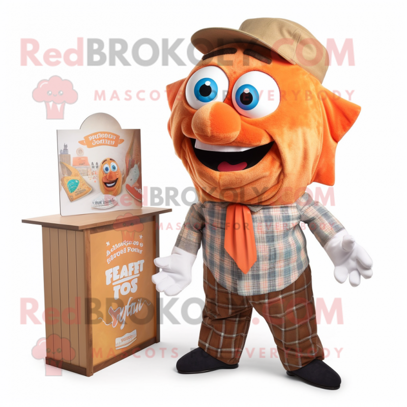 Peach Fish And Chips mascot costume character dressed with a Flannel Shirt and Ties Peach Fish And Chips mascot costume character dressed with a Flannel Shirt and Ties