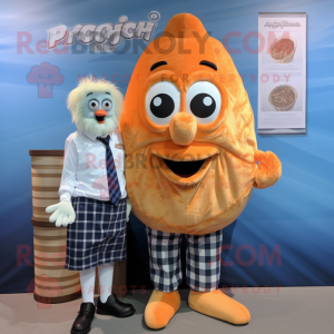 Peach Fish And Chips mascot costume character dressed with a Flannel Shirt and Ties