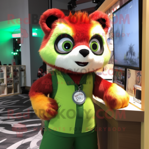 Lime Green Red Panda mascot costume character dressed with a Overalls and Hairpins