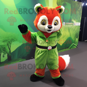 Lime Green Red Panda mascot costume character dressed with a Overalls and Hairpins