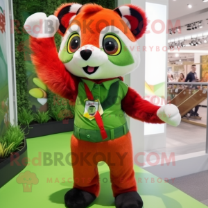 Lime Green Red Panda mascot costume character dressed with a Overalls and Hairpins
